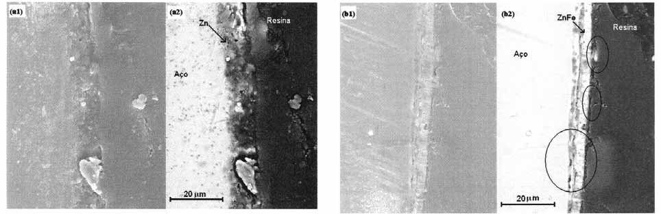 Através da imagem de microscopia electrónica de varrimento foi observado que após o terceiro dia de imersão a amostra ZnFe/R apresentava pontos de deterioração do revestimento de resina.
