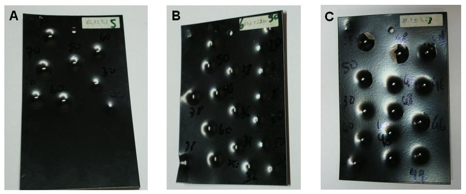 164 Figura 3.51 Imagens das amostras (A) ACP, (B) AFP e (C) AC3P obtidas após o ensaio de flexibilidade, segundo ASTM D522-08.