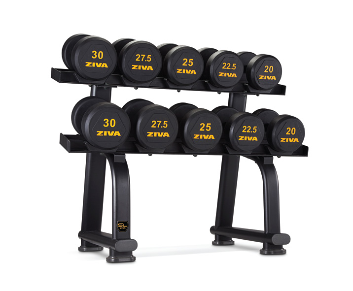 RACK DUMBBELL - 5 PARES Suporte para os dumbbells (saddle) a prova de impacto Pés de silicone anti-marcas Revestido de pintura a pó em Grafite Berços individuais para os Dumbbells RACK BARRA MONTADA