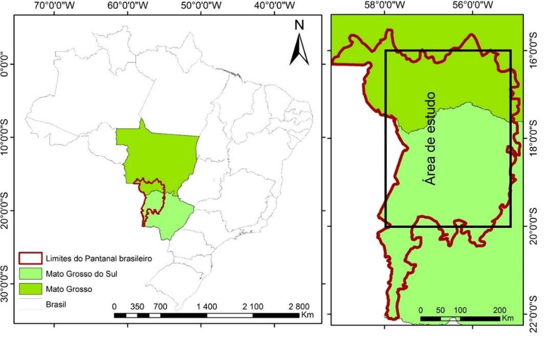 2. MATERIAL E MÉTODOS Esse trabalho foi desenvolvido sobre o bioma Pantanal brasileiro (Figura 1), do qual foram extraídos os produtos MOD08_D3.051 e MYD08_D3.