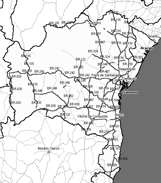 A figura 7 mostra a BR-324, onde está situado o trecho para usado para o estudo de caso, e sua localização no estado da Bahia.