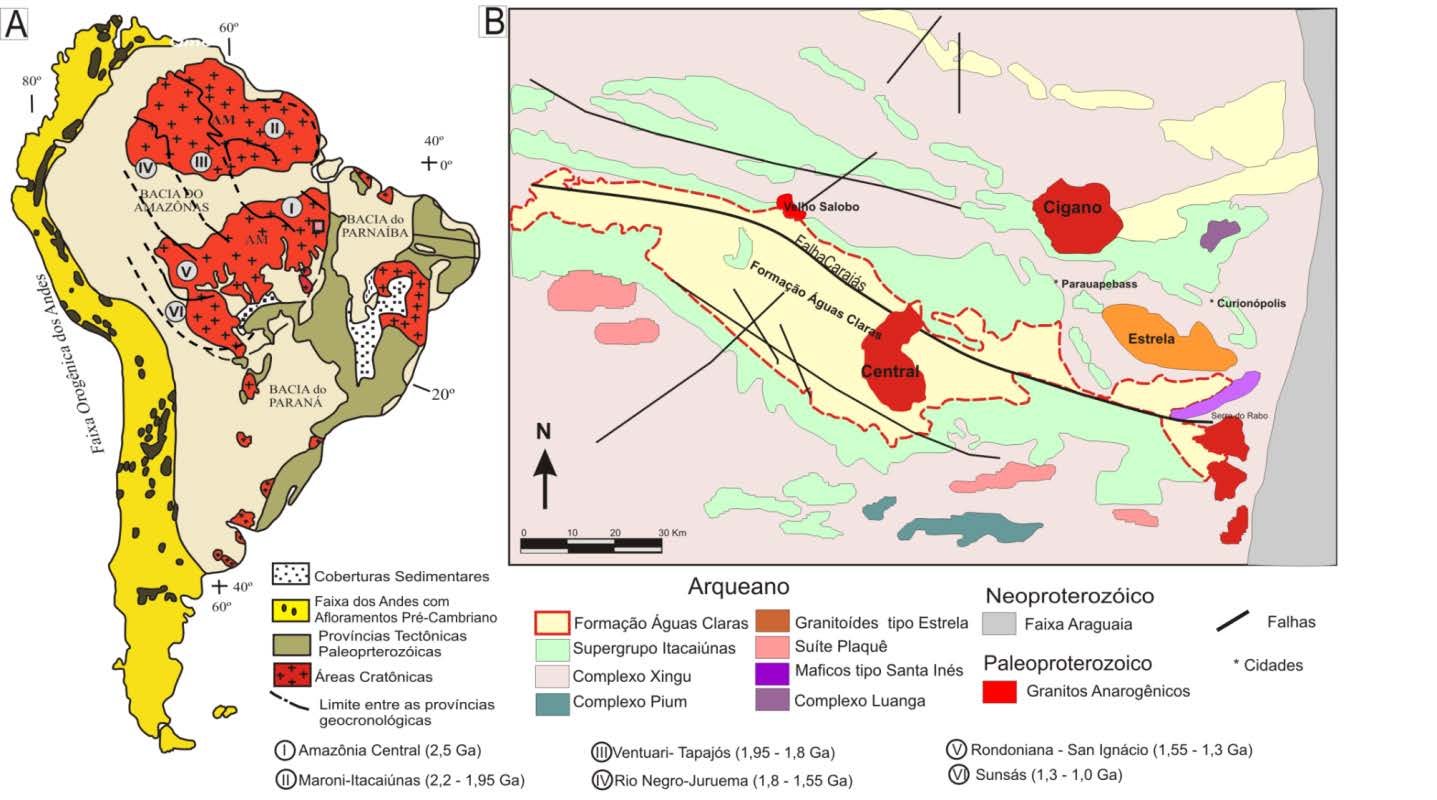 Figura 1- (A) Mapa geológico simplificado da Plataforma Sul-Americana com destaque para o Cráton