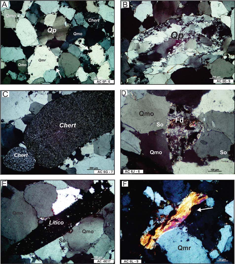 Figura 9 - Fotomicrografia (luz polarizada) dos arenitos do Membro Superior: (A) grãos de quartzo monocristalino (Qmr e Qmo) e policristalino (Qp), contatos reto e côncavo-convexo (note, quartzo