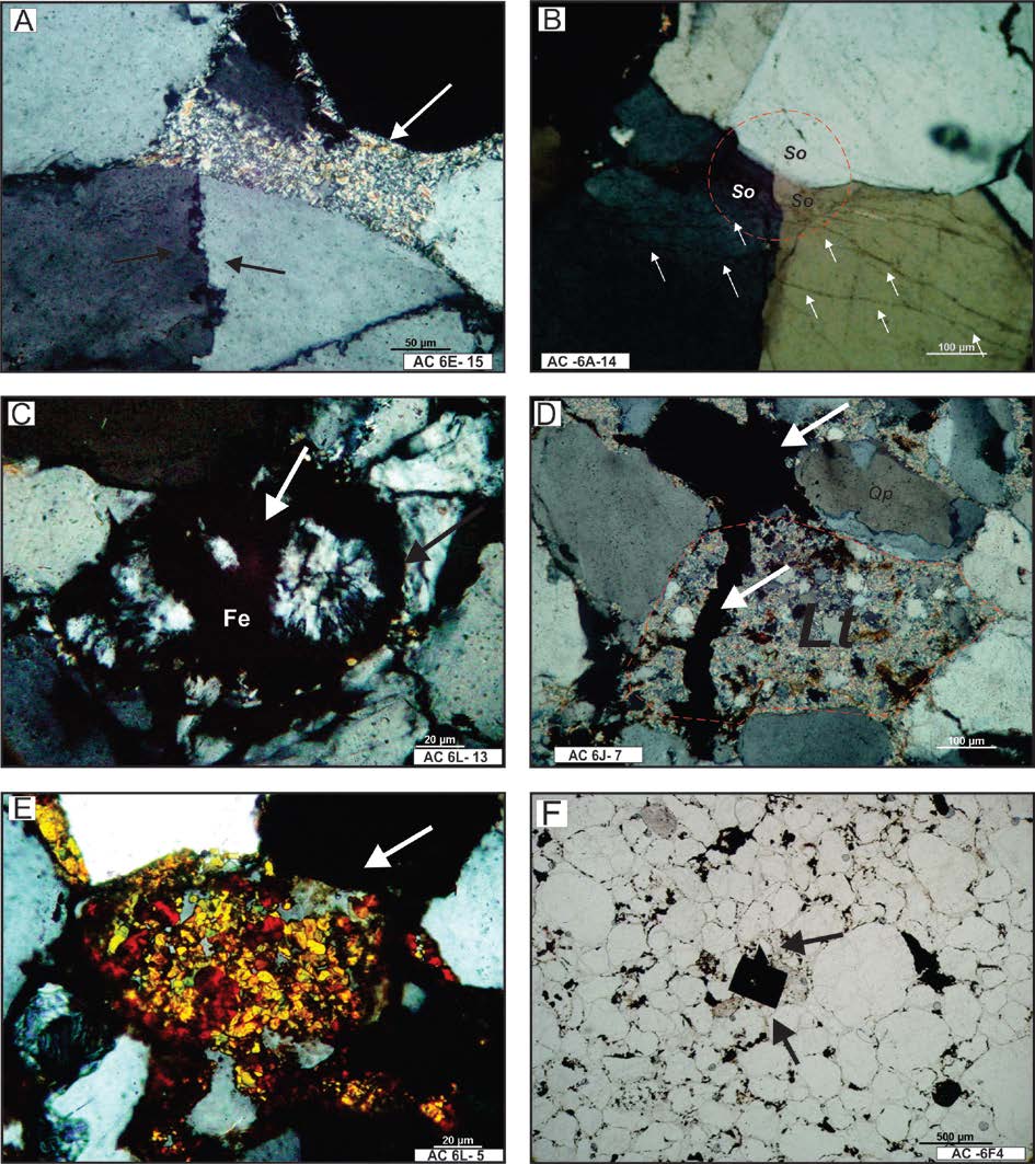 Figura 10 - Fotomicrografia (luz polarizada) de quartzo-arenito do ambiente fluvial entrelaçado: (A) matriz argilosa, composta por caulinita ilitizada (seta); (B) Sobrecrescimento de quartzo (So)