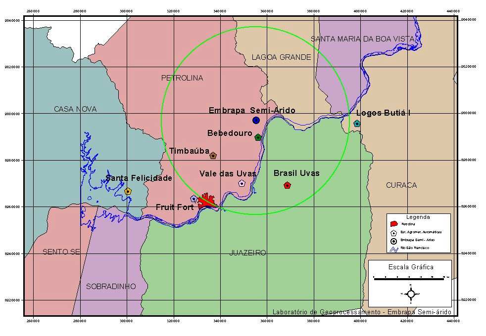 I Workshop Internacional de Pesquisa A Produção de Vinhos em Regiões Tropicais FIGURA 1. Mapa de localização das estações agrometeorológicas automáticas instaladas no Submédio do Rio São Francisco.