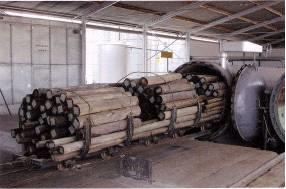 Preservação das madeiras Carregamento de autoclave para tratamento por pressão, em usina de