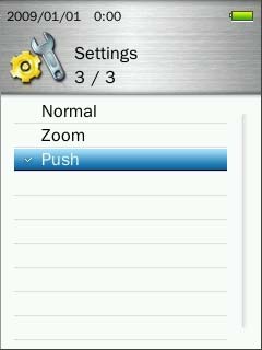 1. No menu DEFINIÇÕES, use os botões / para seleccionar Menu Animação e pressione. 2. Use os botões / para seleccionar Normal, Zoom ou Push e pressione para confirmar.