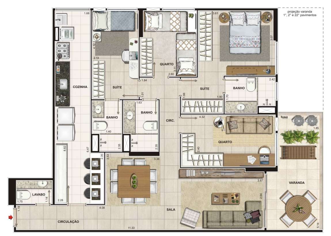 Apartamentos 4 quartos, com duas suítes e lavabo (113 m²) Col.