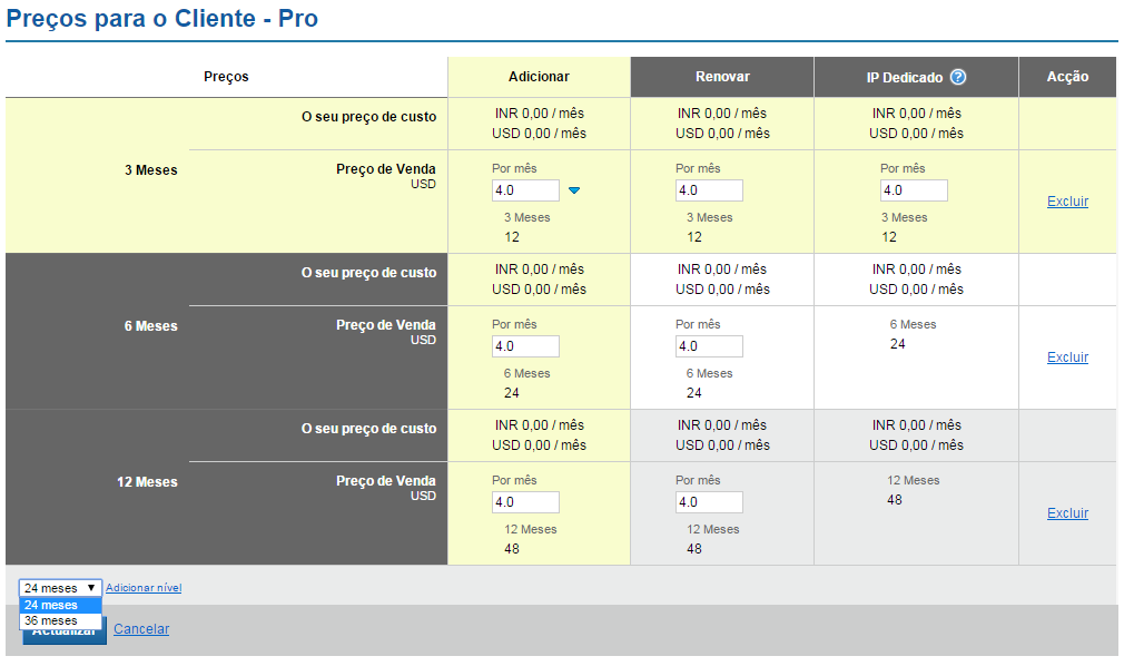 Configurar Pacote de Hospedagem Multi-Domínios Configurar Preços (Precificação Telescópica) Exemplo: Supondo que seu Preço de Custo em um Plano de Negócios é de USD 4.83 por mês.