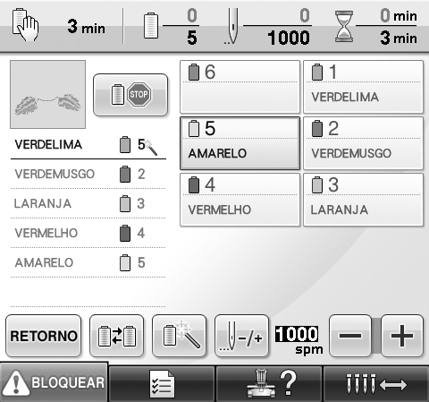 Verificação do intervalo de tempo até a próxima parada da máquina O intervalo de tempo até a próxima parada da máquina de bordar pode ser visualizado na tela de configurações do bordado.