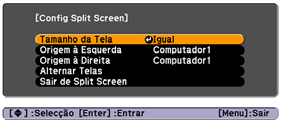 Projeção de duas imagens simultaneamente Você pode usar a função de duas telas do projetor para dividir a tela em duas seções, direita e esquerda, e projetar simultaneamente duas imagens.