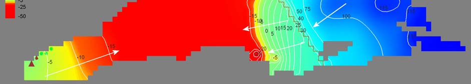 BENACIATE VALE DA VILA Figura 19 - Cone de rebaixamento principal no meio do sector W (Vale da Vila) do sistema aquífero (visto de NO para SE) ao fim de um ano de simulação e cone secundário de
