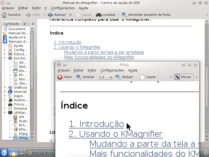 Capítulo 2 Usando o KMagnifier Após rodar o KMagnifier, você irá obter uma janela semelhante à que é mostrada acima. A janela principal do KMagnifier mostra o conteúdo ampliado (ou reduzido).