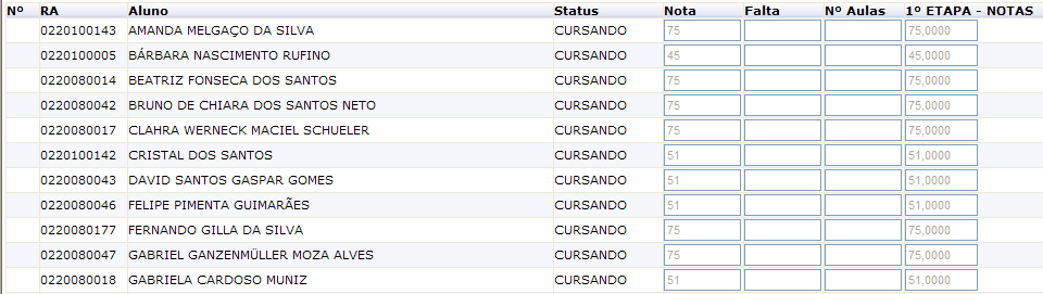 OBSERVAÇÃO Não será necessário escolher a ETAPA FALTAS, pois as faltas serão calculadas automaticamente de acordo com