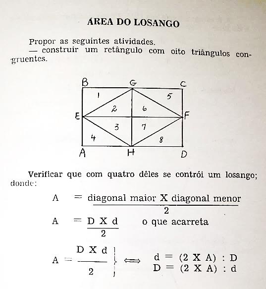 Faça aqui suas observações Para a área do losango é utilizada a divisão de um retângulo em oito triângulos congruentes, levando à verificação