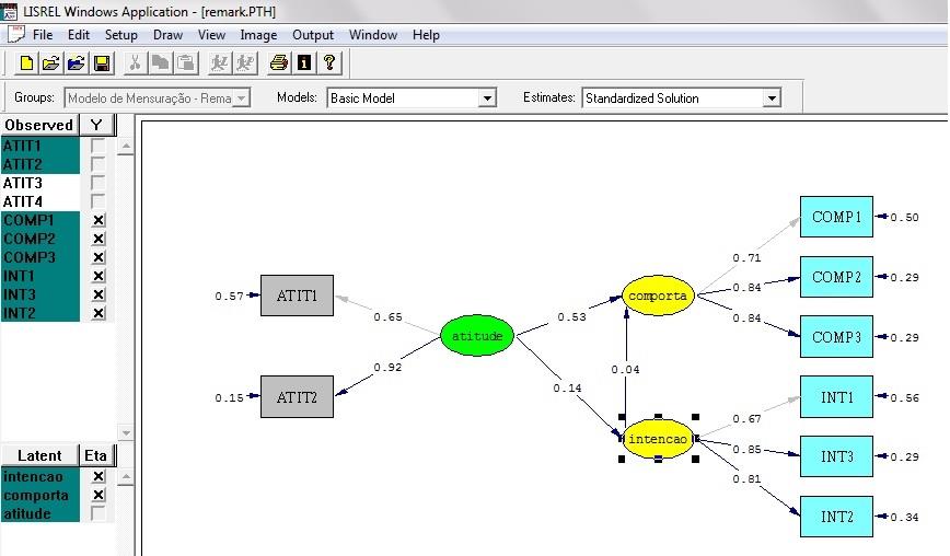 Ainda na tela do LISREL, estabelecemos as relações entre as variáveis latentes (caminhos estruturais) e novamente, por meio da tecla <F5>, solicitamos o cálculo do modelo.