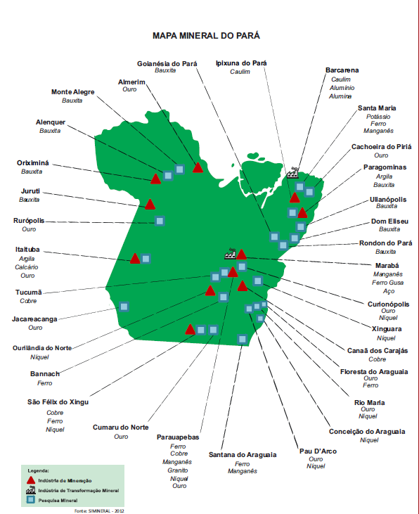 Mapa Mineral do Pará há: Alumina Argila Bauxita Calcário Caulim