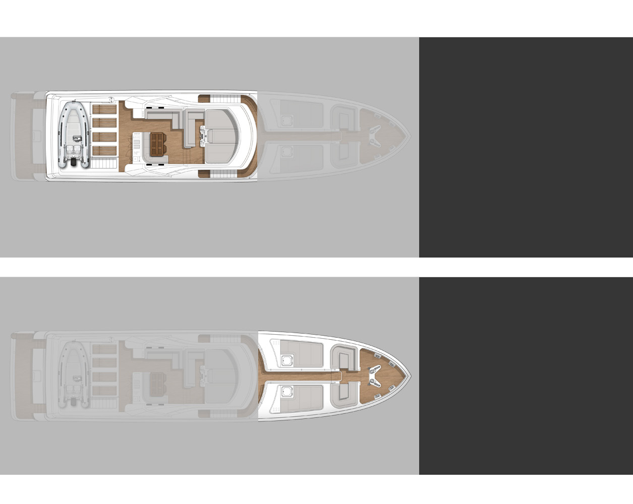 Flybridge O flybridge oferece amplo espaço de convivência com sofás, espreguiçadeiras, mesa de refeições, área de churrasqueira e bar com geladeira e máquina de gelo.