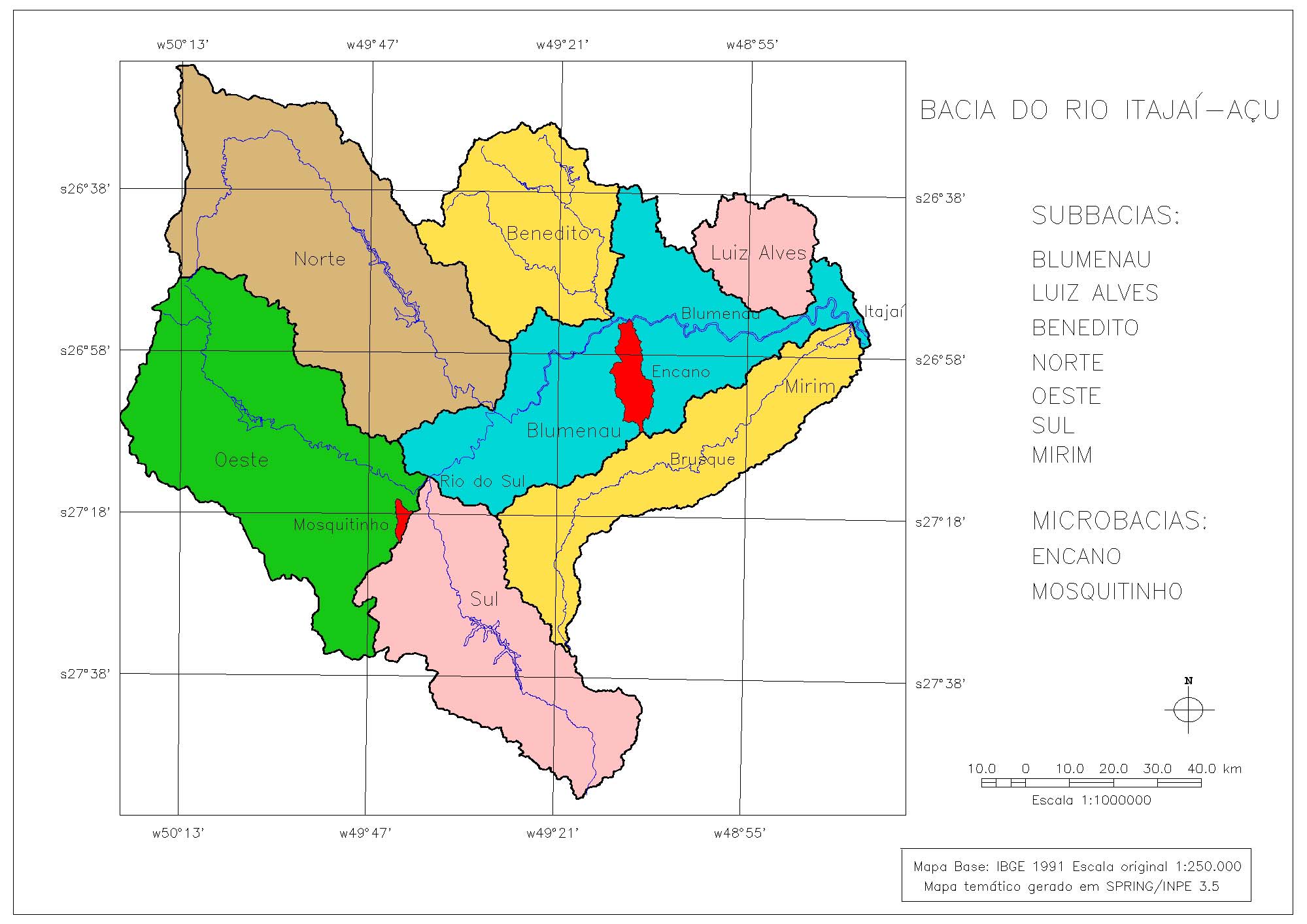 Figura 2: A bacia do Rio Itajaí com as suas sub-bacias e a localização das microbacias do Encano e do Mosquitinho.