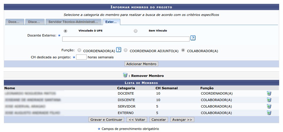 Submeter Proposta de Projeto de Pesquisa Na busca de docente externo, há a opção de selecionar os que estão vinculados à UFS, ou seja, que constam como ativos na base de dados da UFS.