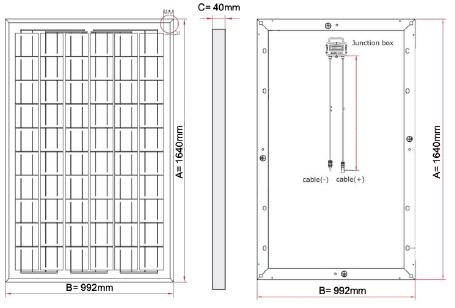 Figura 7:Dimensões aproximadas dos módulos fotovoltaicos Nota: CIRCUTOR reserva-se o direito de modificar as condições de fornecimento dos módulos fotovoltaicos, garantindo sempre um óptimo nível de