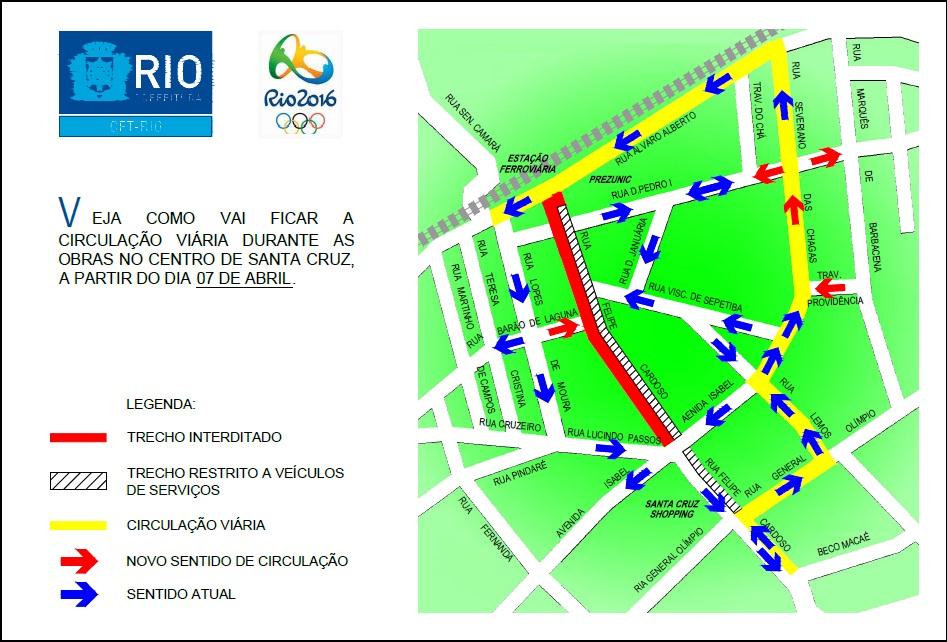 Obra para BRT interdita Rua Felipe Cardoso, em Santa Cruz Até 30 de maio Para realização de obras do BRT Santa Cruz, até as 24h do dia 30 de maio de 2012 a Rua Felipe Cardoso será interditada entre a