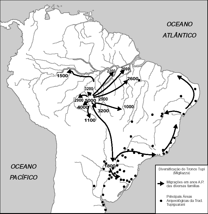 Mapa 3: Modelo defendido por Schmitz (1991:56) Com bases em datações mais antigas na região sudeste, Ondemar Dias Jr (1993) propõe a origem Tupi em uma área entre o Paranapanema e Guaratiba Mas a