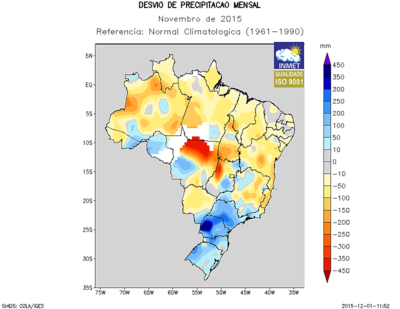 Novembro 2015 Desvios de precipitação mensal (mm) relativos ao padrão