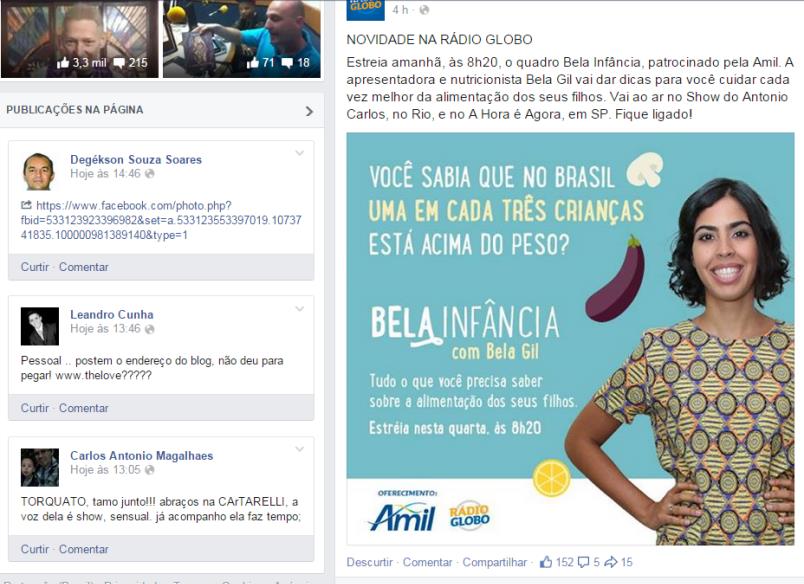 Divulgação página da Rádio Globo no Facebook Post sobre estreia do quadro Post com