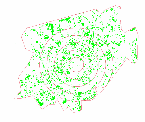67 Figura 2: Área urbanizada do município de Taubaté e as áreas verdes arborizadas. Na área central estão representados os círculos com raios de 500m a partir do ponto central urbano.