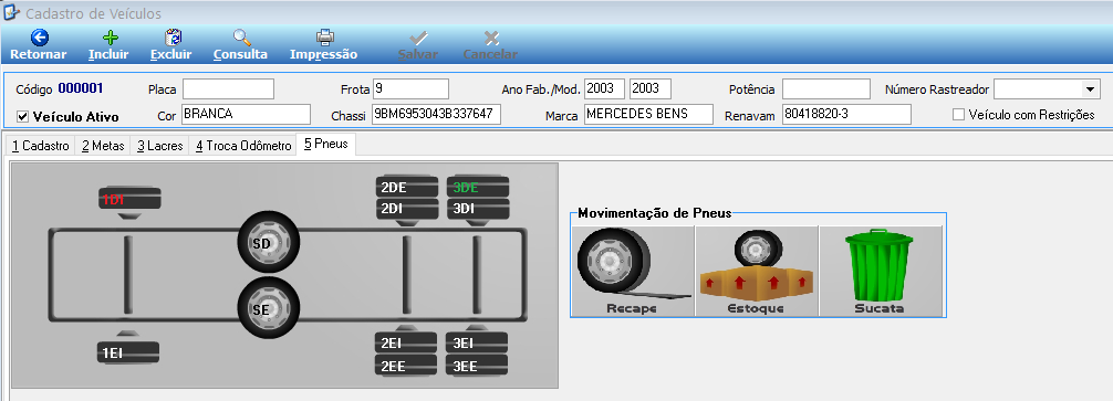 3.2 ADICIONANDO UM PNEU NA FROTA Para adicionar os pneus nos veículos da frota é necessário seguir os seguintes procedimentos: O Pneu a ser incluso deverá estar devidamente cadastrado e no estoque;