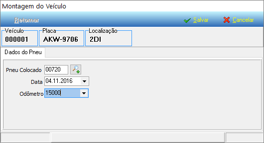 Figura 15 Listagem de para alocação na Frota. A Figura 16 apresenta a seleção da posição 2DI, com a data de colocação e o Odômetro/Horimetro constante no medidor. Figura 16 Montagem do Veículo.