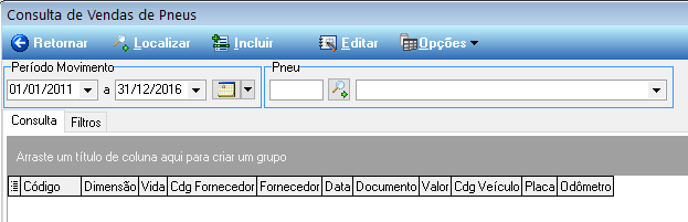 Figura 34 Consulta posição na Frota. 3.7 VENDAS Havendo necessidade de venda de qualquer pneu, entrar no menu na tela de consulta Movimentos de, sendo direcionado para a Consulta especifica de Vendas, Figura 35.