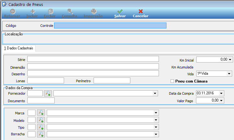 O Cadastro de permite inserir um novo pneu. Na tela inicial, que é a tela Cadastro de - Consulta clicar no botão Incluir e adicionar as informações do novo pneu a ser cadastrado.
