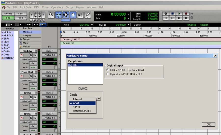 APLICAÇÕES Utilizando o DigiMax FS com o ProTools Abaixo, instruções para configuração do sistema Digi002 com o programa ProTools LE (outros sistemas ProTools com ADAT light pipe são similares).