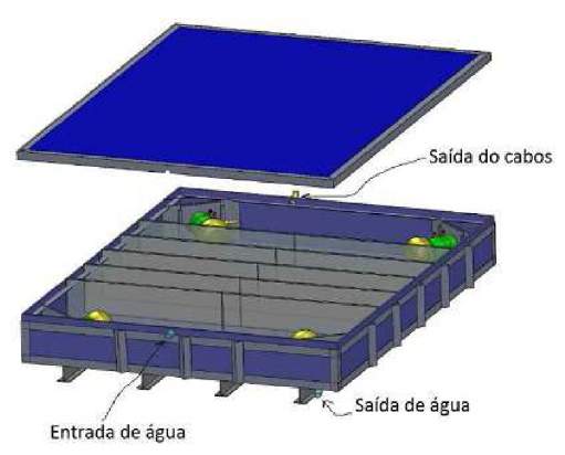 Figura 2.4: Ilustração do sistema de blindagem do detector de anti neutrinos do Projeto Neutrinos Angra. Figura 2.5: Ilustração do tanque de veto do Projeto Neutrinos Angra.