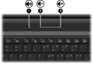 Ajuste do volume É possível ajustar o volume utilizando os seguintes controles: Botões de volume do computador: Para desativar ou restaurar o volume, pressione o botão de sem áudio (1).