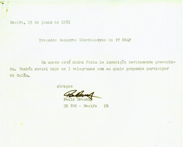 IV Salão Nacional de Artes Plásticas INAP/FUNARTE, 1981 conjunto com carta, envelope e 3 telegramas -- 17,2 x 22 cm Essa foi a