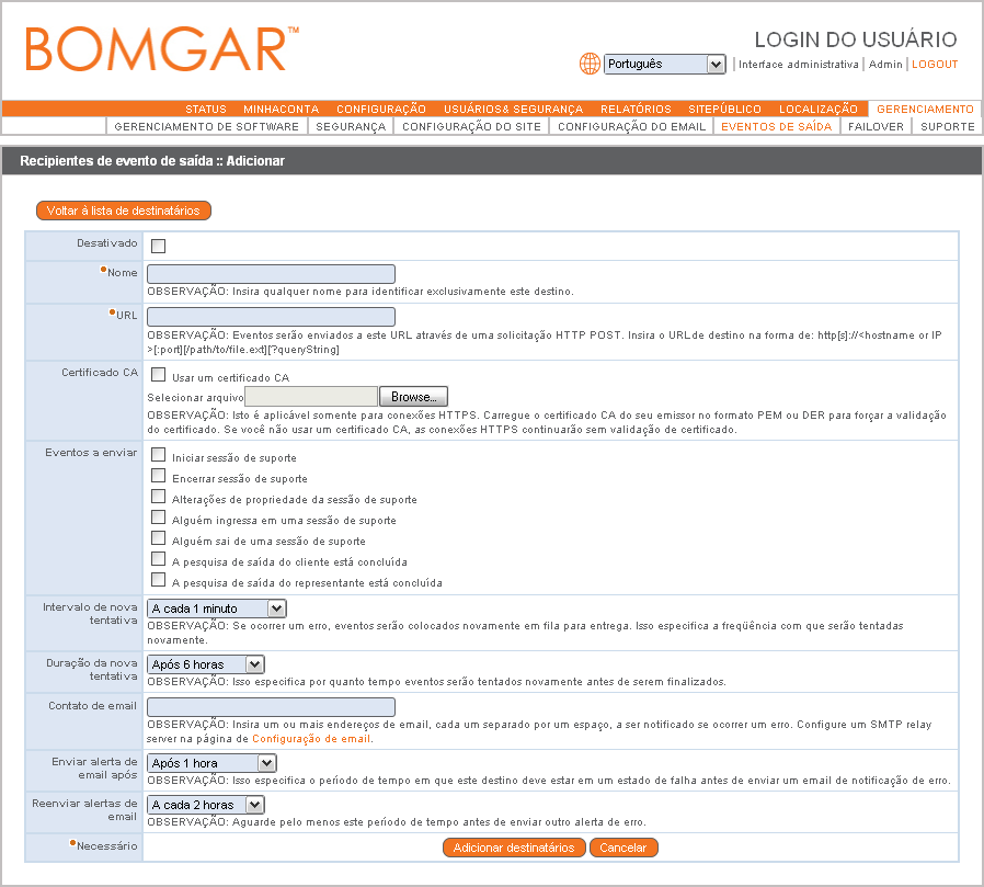 Eventos de saída Configure seu Bomgar Box para enviar mensagens a um servidor HTTP quando eventos diferentes ocorrerem. As variáveis chegam como um método HTTP POST.