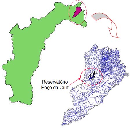 Área de Estudo Localização Município de Ibimirim (PE) - Sertão do Moxotó; Área de drenagem até o reservatório 4.