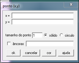 Clique em (x,y), abrirá a janela: Digite os valores correspondentes ao ponto A(4,7):Clique em, e observe