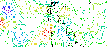 Na região da frente quente em 1000, 850 e 500 hpa a divergência apresentava valores positivos embora muito fracos, ainda menores do que no dia anterior.