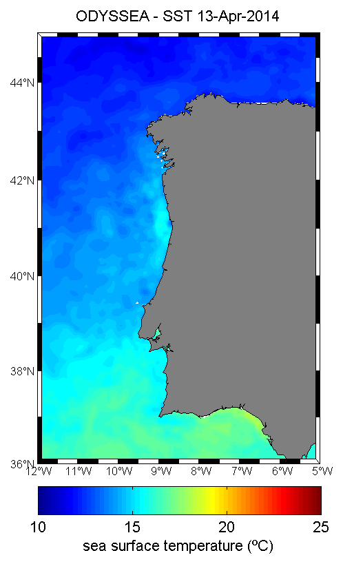 Condições atuais: imagens de satélite Temperatura à superfície Concentração de Clorofila Temperatura à superfície A imagem de satélite da temperatura da água à superficie evidencia temperaturas mais