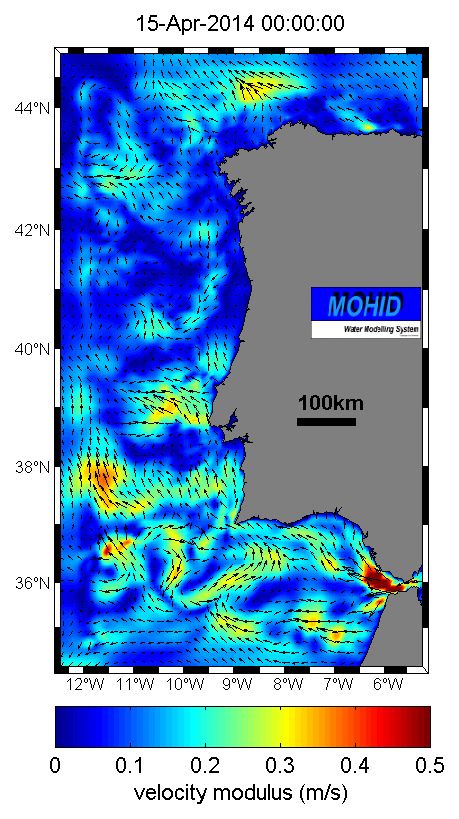 Para o dia 17 de abril os resultados do modelo mostram uma circulação para sul na costa oeste e para leste na costa sul.