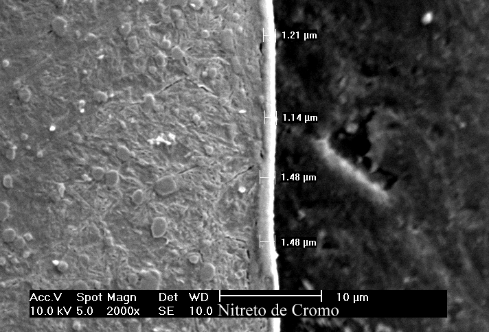 95 A camada de nitreto de cromo apresentou uma espessura entre 1,14 e 1,48 µm e uma variação levemente superior a do carbonitreto de titânio, na ordem de 0,40 µm.