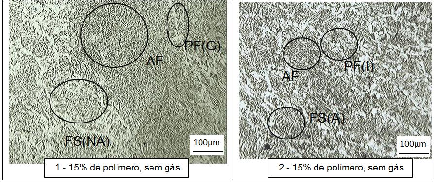 90 Figura 47. Microestrutura típica encontrada no metal de solda depositado com os arames tubulares (1: Início do cordão, 2: final do cordão), aumento de 100x.