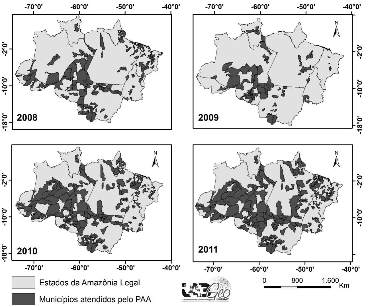 Figura 7. Expansão da atuação do Programa de Aquisição de Alimentos nos municípios localizados na Amazônia Legal entre os anos de 2008 e 2011 A B C D Fonte: CONAB, 2011.