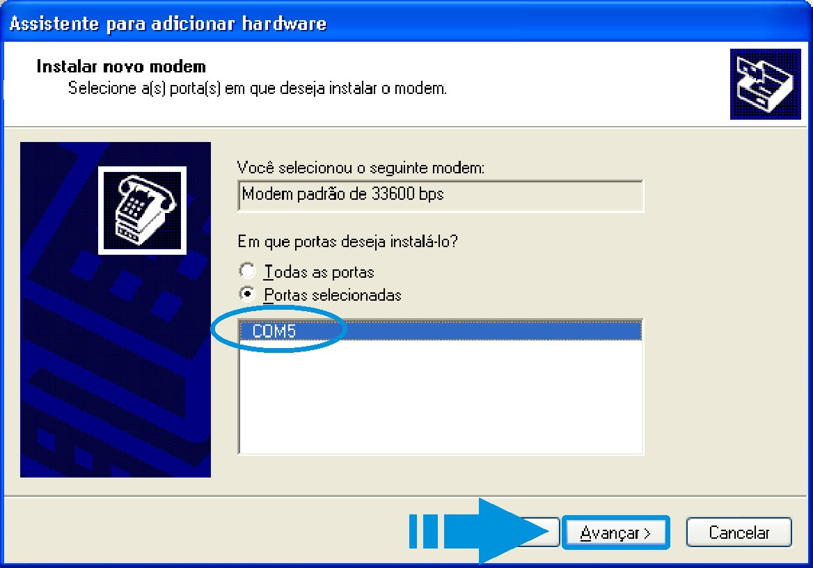 Modelos selecione Modem padrão de 33600 bps e clique em Avançar ; 3.