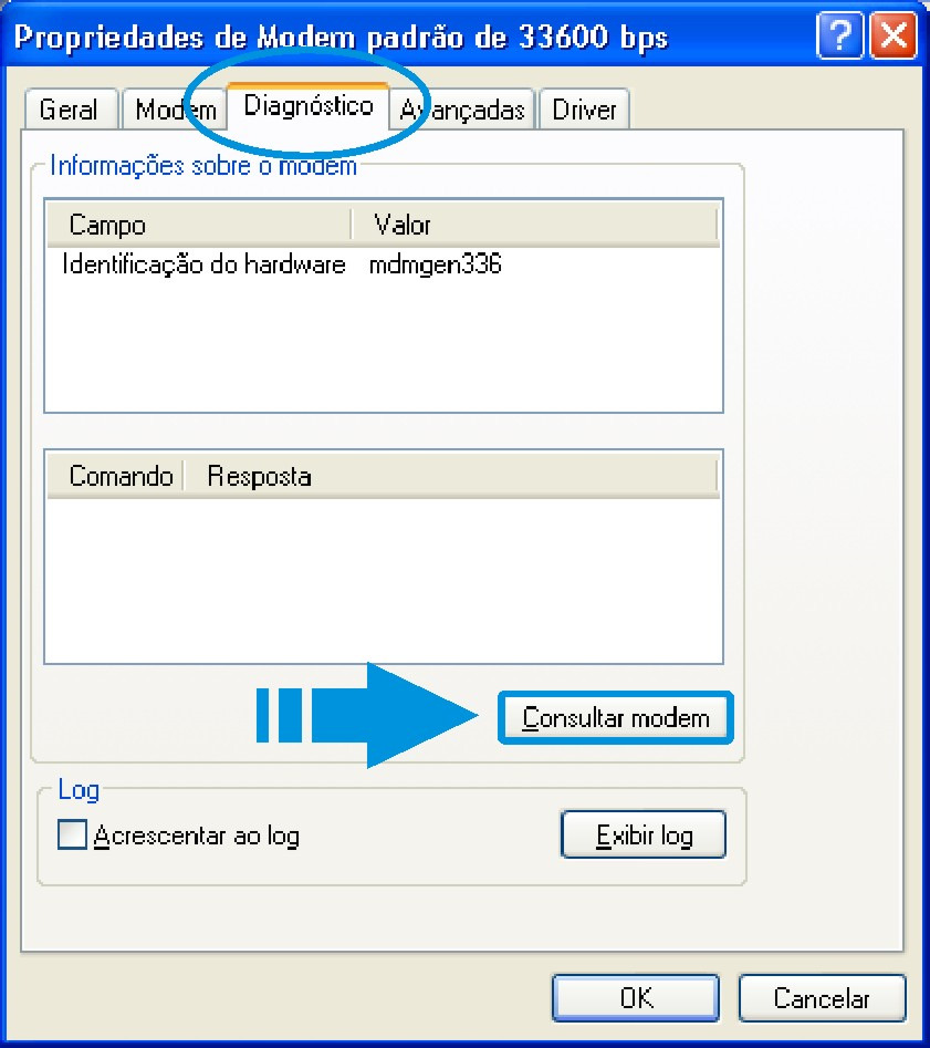 3.9 - Selecione o modem configurado e clique em Propriedades. 3.9.1 - Selecione a aba Diagnóstico e clique em Consultar modem.