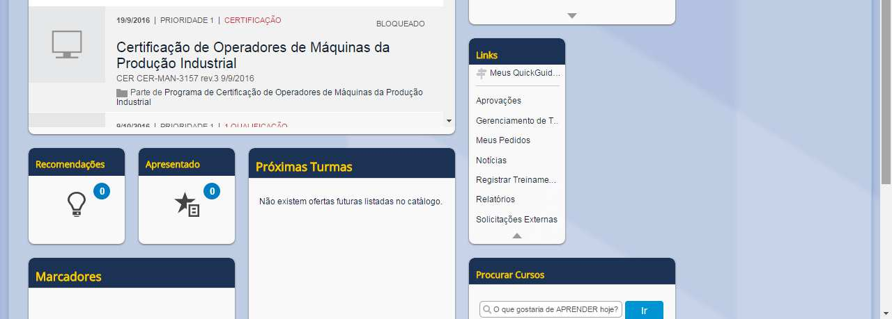 Os cursos vencidos aparecem na tela com a informação do tempo de atraso na realização.